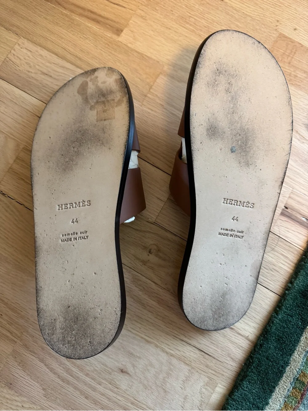 Men's Hermes Izmir Sandals Gold Sz 44 EUC W/ Box Dust Bags